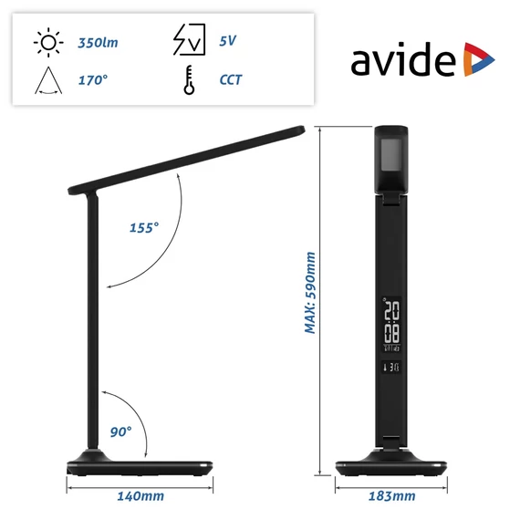 Asztali LED lámpa, Nathan, kijelzős, 6W, 5000K, AVIDE, fekete