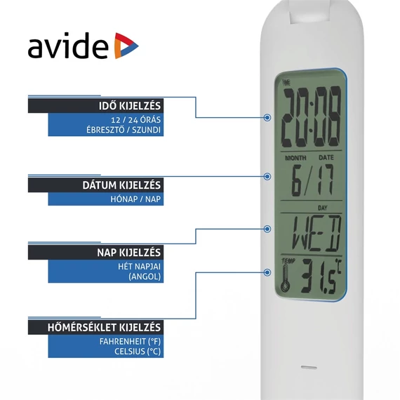Asztali LED lámpa, kijelzővel, 5W, 4000K, AVIDE, fehér