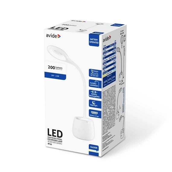 Asztali LED lámpa, tolltartóval, 5W, 6400K, AVIDE, fehér