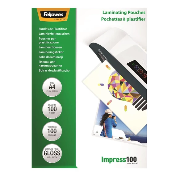 Lamináló fólia, A4, 100 mikron, fényes, 100 db/doboz, Fellowes®