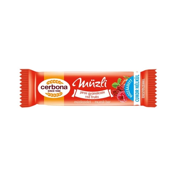 Müzliszelet 20 g, CERBONA, piros gyümölcs hozzáadott cukor nélkül