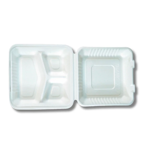 Papírdoboz ételes 3 részes 23 x 23 x 8cm komposztálható cukornád 100 db/csomag natúr