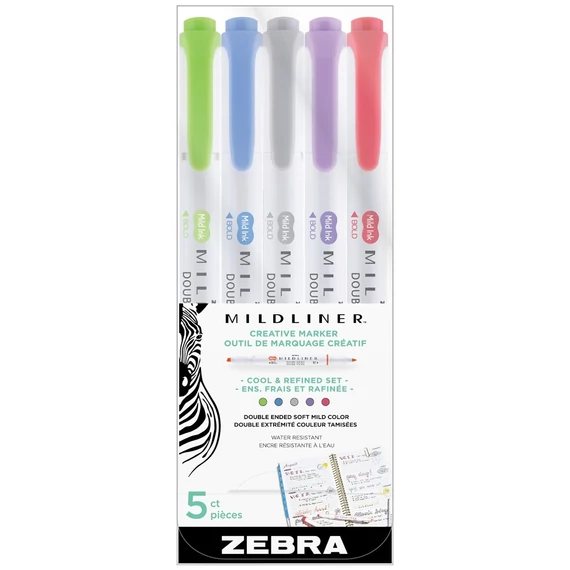 Szövegkiemelő készlet, 1,4/4 mm, kétvégű Zebra Mildliner Cool & Refined 5 szín