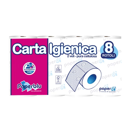 Toalettpapír 2 rétegű kistekercses 100% cellulóz 150 lap/tekercs 8 tekercs/csomag Paperblu Carta Igienica_Paperdi