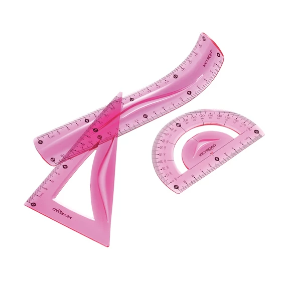 Vonalzókészlet, 20 cm, flexibilis vonalzó, szögmérő, derékszög vonalzó, 3 db/bliszter Keyroad vegyes színek